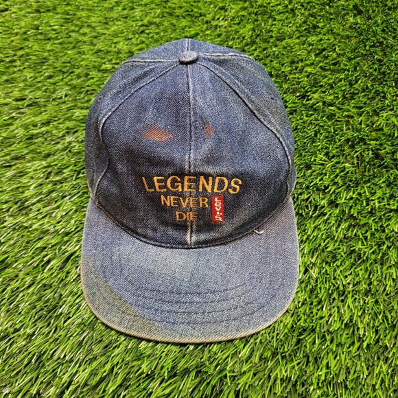 VTG 90s Levi's Distressed Faded Denim Dad Hat Baseball Cap "Legends Never Die" - Picture 1 of 9